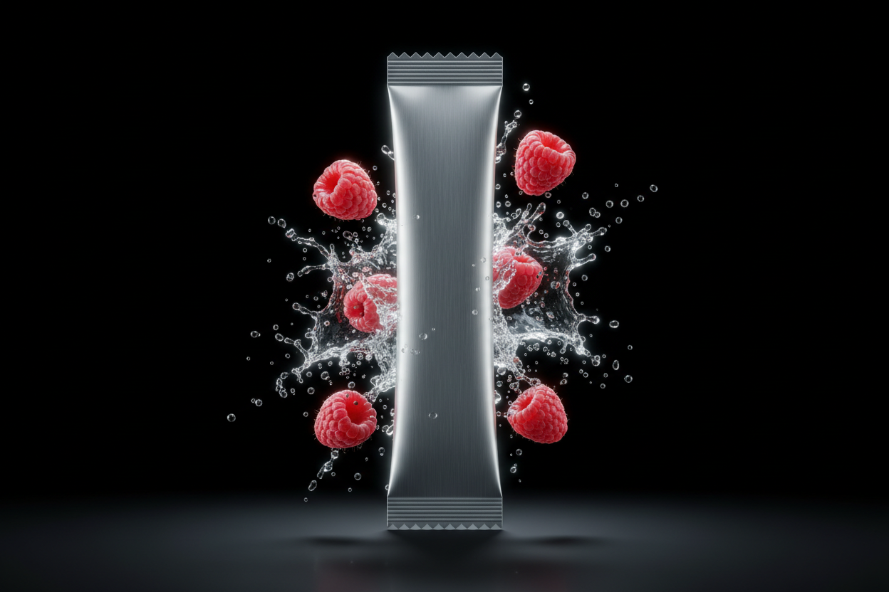 Blank metallic sachet with raspberry