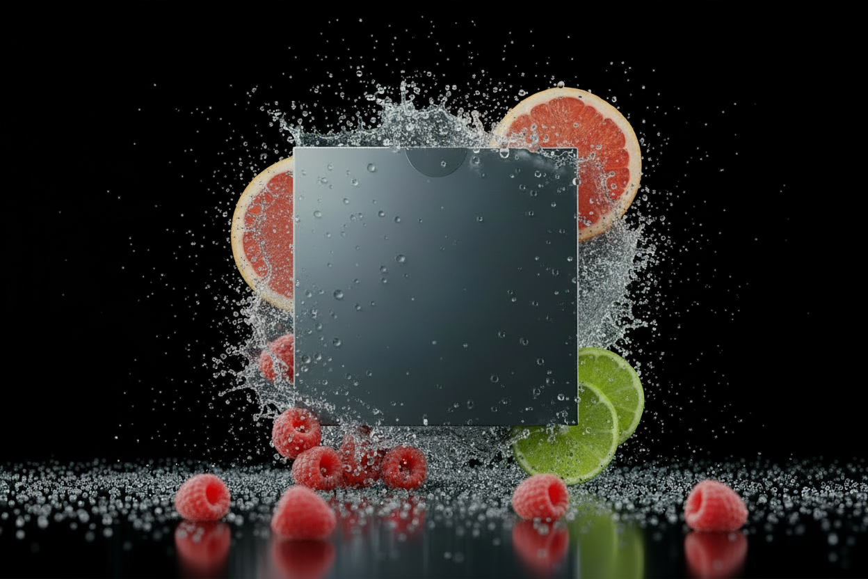 Product box with citrus fruit and raspberries