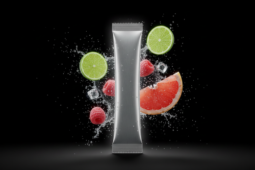 Product pouch with prominent lime, raspberry, grapefruit and salt